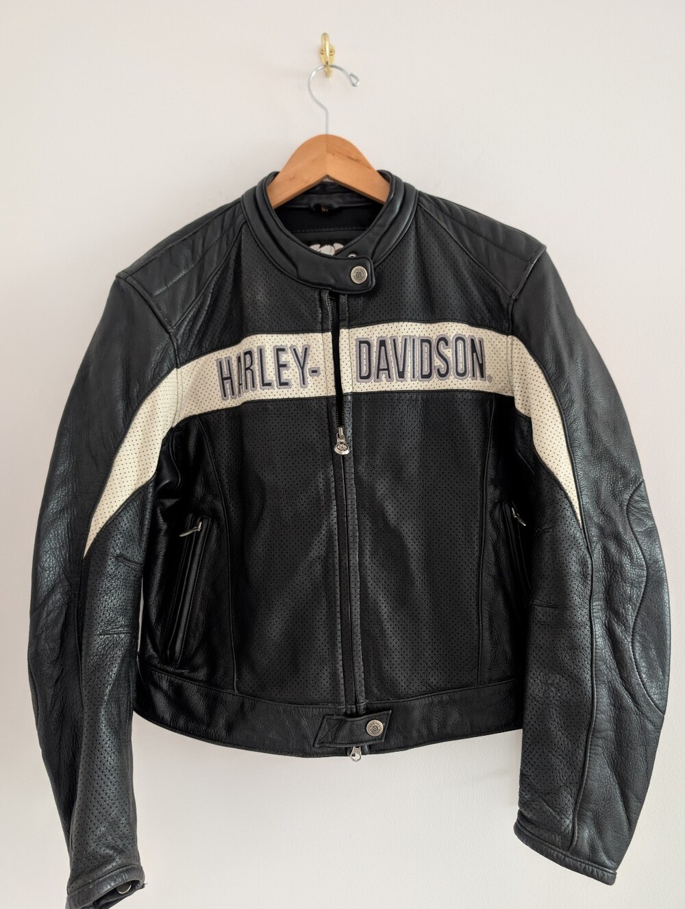Harley-Davidson Black Leather Motorcycle Jacket with Cream Accents